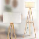 Wood Tripod Floor Lamp with Shelf & 3 Color Temparature LED Bulb, Modern Nordic Wooden Standing Floor lamp Linen Shade for Living Room, Bedroom, Office, ETL Listed/Natural Wood Color