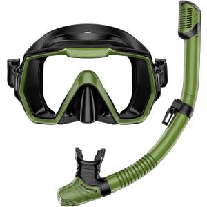 Snorkel Set Adults Snorkeling Gear Anti-Leak and Anti-Fog Tempered Glass Lens Panoramic View Swim Mask Dry Top Snorkel Kit for Snorkeling Scuba Diving Swimming Travel with Carry Bag (Army Green+Black)