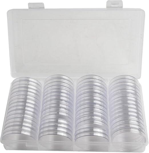 Feegow 60 Pcs Coin Capsules 41mm with Storage Box, Thickened Plastic Clear Coin Holders for Commemorative and Silver, Organizer Case for Collection Display