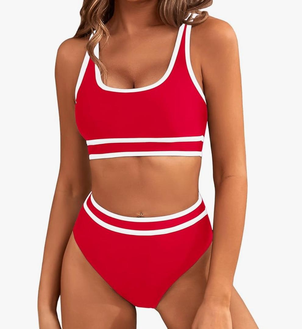 BMJL Women's High Waisted Bikini Sets Sporty Two Piece Swimsuits Color Block Cheeky High Cut Bathing Suits. Size S