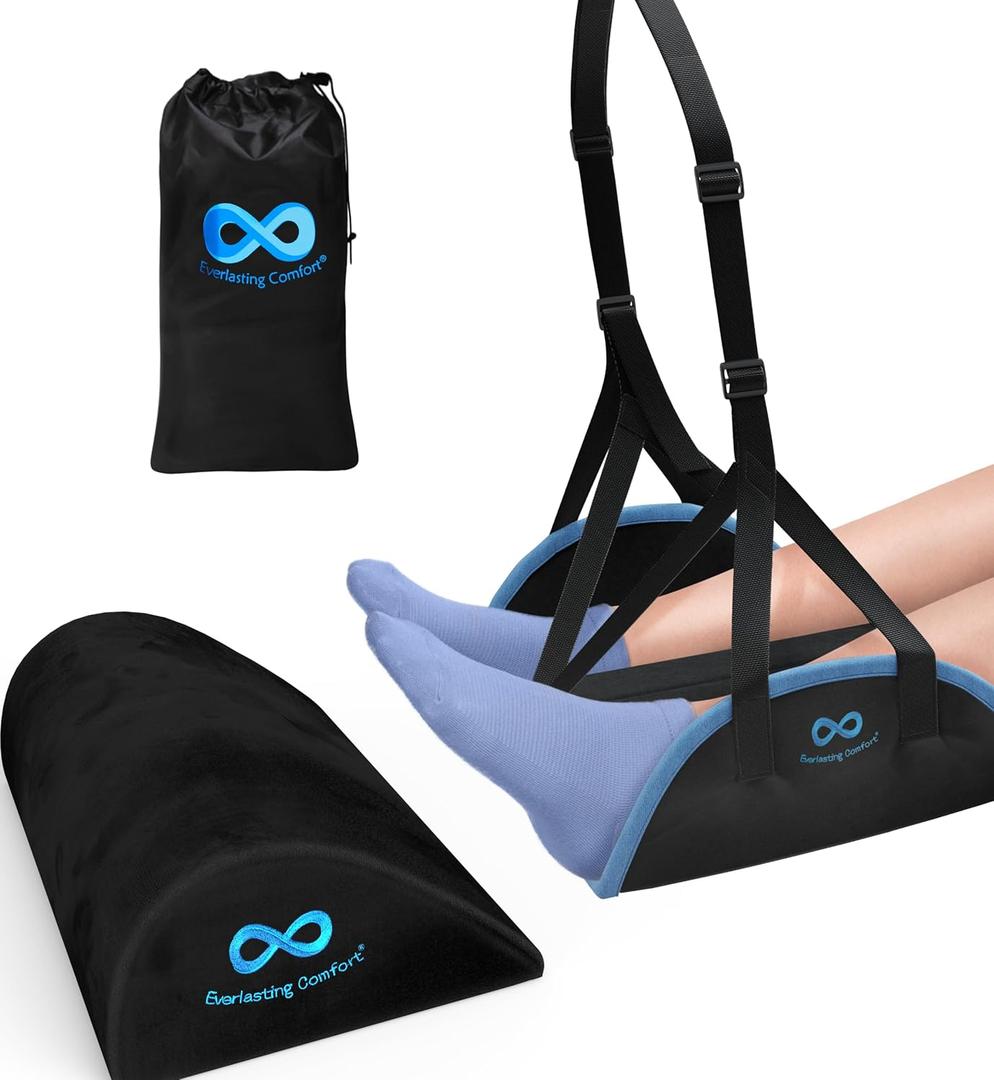Everlasting Comfort Foot Rest Pillow Under Desk & Airplane Foot Rest - Elevate Your Flight and Enjoy Work - All-Day Pain Relief and Leg Support - Home Office, Gaming Accessories (Black)