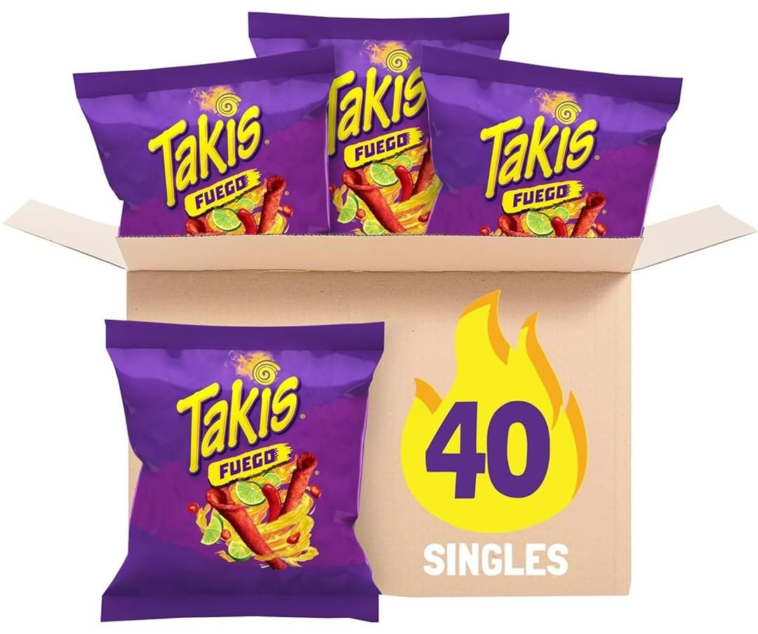 Takis Fuego 40 Count Snack Size Multipack - Extreme Spicy Rolled Tortilla Chips Hot Chili Pepper & Lime Flavored, Exp-8/19/2026