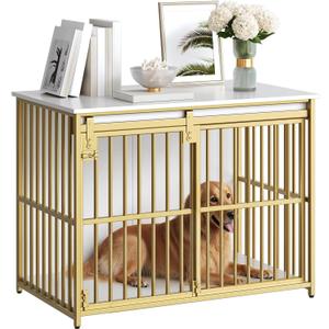 HOOBRO Dog Crate Furniture, 36.6" Heavy Duty Dog Kennel with Sliding Barn Door, Wooden Dog Cage Indoor, Decorative Side End Table for Small/Medium Dogs, White and Gold GD162GW03G1