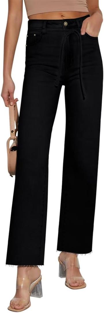 KDF Straight Leg Jeans for Women High Waisted Jeans Frayed Baggy Pants Raw Hem Loose Stretchy Cropped Wide Leg Jeans. 2