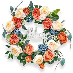 Summer Wreaths for Front Door 24 inchAsfefoo Spring Wreath Full of Blueberries and Champagne Roses for Wedding Wall Home Farmhouse Decor, Indoor and Outdoor,All Seasons, Holiday (Daisy) (Orange)