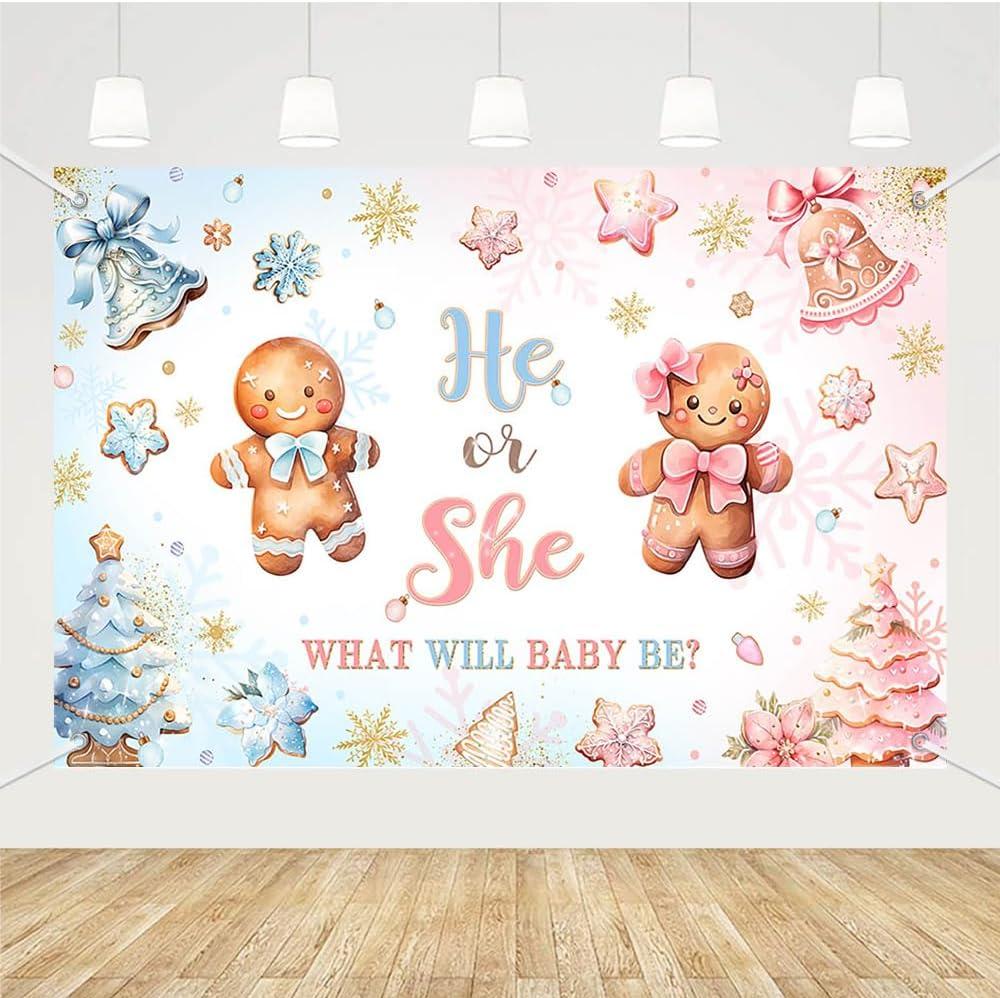MEHOFOND Winter Gender Reveal Backdrop Banner, Christmas Gingerbread He or She What Will Baby Be Party Supplies, Pink or Blue Cookie Snowflake Xmas Boy or Girl Baby Shower Decorations 7x5ft