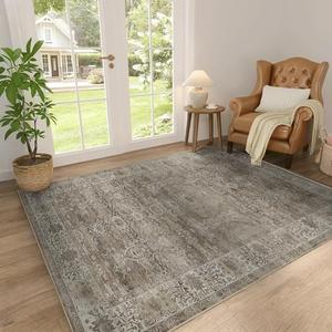 3x5 Washable Rug for Living Room Bedroom Dining Room Non-Slip Low Pile Boho Vintage Distressed Entryway Rug Traditional Floral Retro Accent Throw Carpet for Dining Room Bathroom Kitchen Antique/Moss