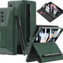 DEMCERT for Samsung Galaxy Z Fold 4 5G with S Pen Slot,Military Armor Cases Full Body Protective Anti-Scratch Hard Slim Leather Bracket Case with Screen Protector for Galaxy Z Fold 4 5G (Green) (Samsung Galaxy Z Fold 4, Green)