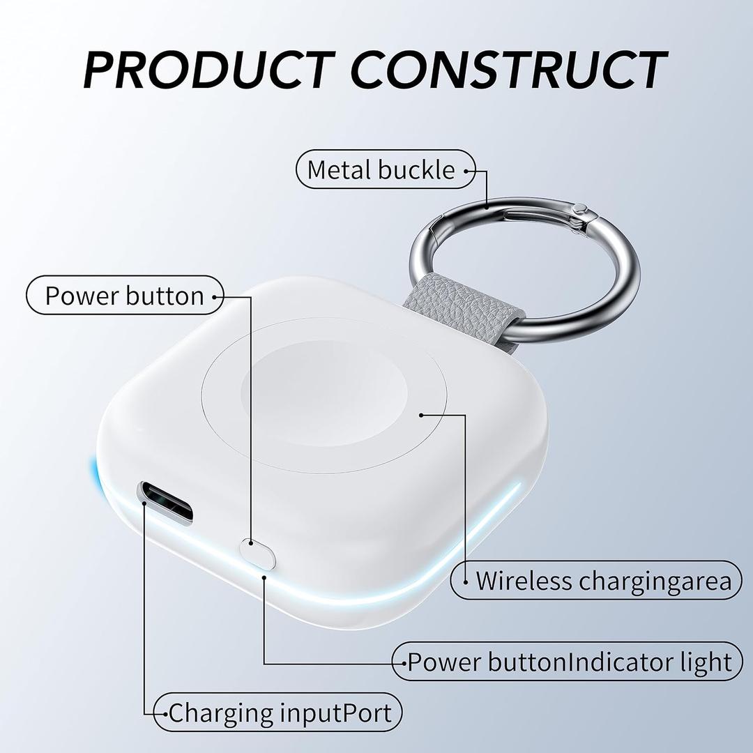 Portable Travel Charger for Apple Watch Series 8, Wireless iWatch Charger 1200mAh Power Bank with Charging Cable, Purse Keychain Smart Watch Charger for Apple Watch Series 10/9/8/7/6/SE/5/4/3/2/1/UItra (White)