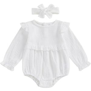 Newborn Infant Baby Girl Clothes Cotton Linen Long Sleeve Smocked Bubble Romper Ruffle Bodysuit Jumpsuit Fall Outfit 0-3M White
