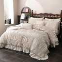 Herside Beige Comforter Set Queen Size,Ruched Neutral Boho Bedding 9-Piece Bed-in-a-Bag Fluffy Farmhouse Ruffle Bedding Set with Comforter, Flat Sheet, Fitted Sheet, Pillow Shams, Pillowcases | Ruched Ruffle