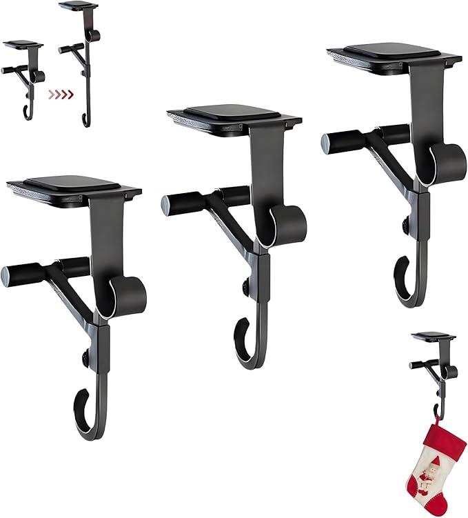 F FINEC Fireplace Stocking and Garland Hanger, 2 in 1 Adjustable Heavy Duty Mantel Hangers, Garland Holder for Mantle Fits 0.5" to 7" Mantle No Drill, Christmas Garlands Clip for Holiday Decor (3pcs)