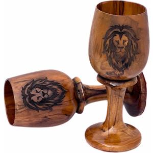Handcrafted Wooden Goblet Set of 2 with Lion Logo Antique Brown Teak Wood Chalice Rustic Drinkware for Beer, Wine, Coffee & Home Decor