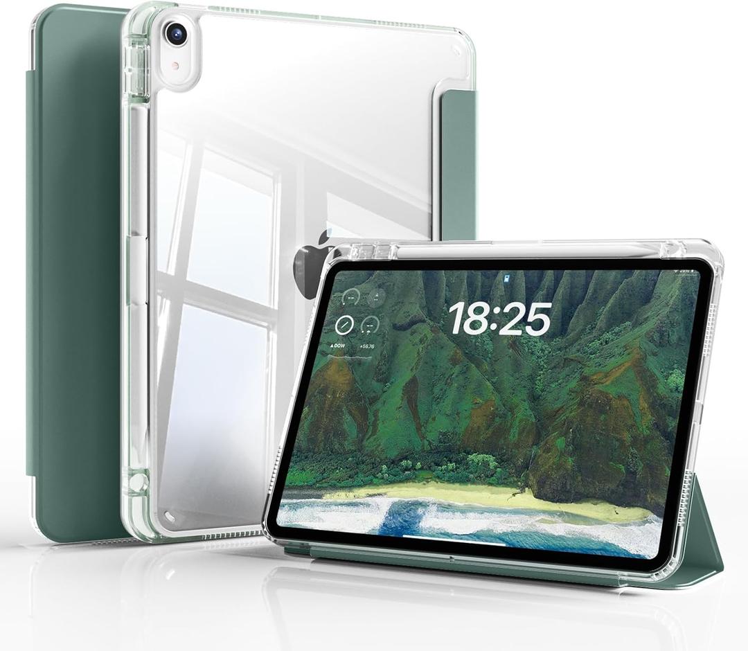 Case for iPad (A16) 11th Generation 11 Inch 2025, iPad 10th Generation 10.9 Inch 2022, Hybrid Protective Cover with Pencil Holder, Clear Transparent Back Shell, Anti-Yellowing Case, Dark Green