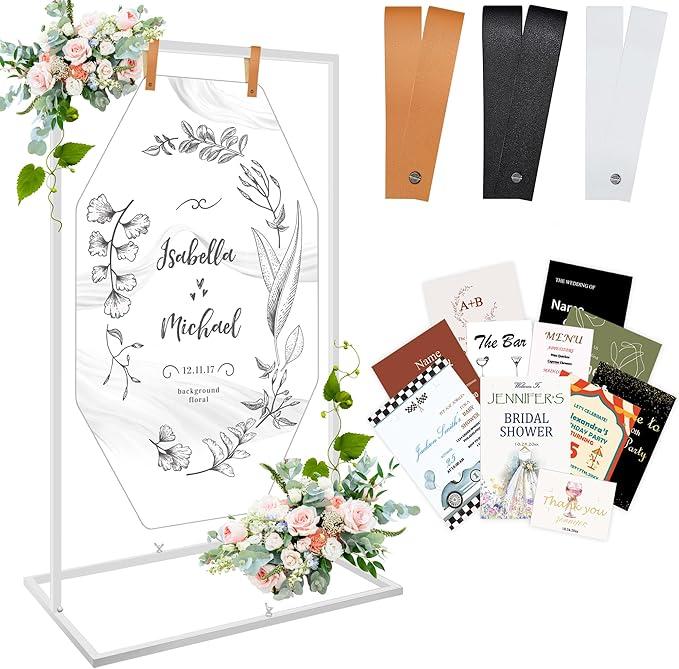 koretech Wedding Welcome Sign Stand, Adjustable Welcome to Our Wedding Sign Holder, 68”x 30”x 20” Heavy Duty Easel Stand for Sign with 11 Design Bundle & 3 Pairs Leather Straps(White)