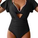 Aidonger Womens Ruffle Swimsuit High Waisted Tummy Control Plunge One Piece Bathing Suit with Halter Bikini Top (Medium, Black)