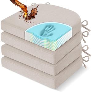 Downluxe Chair Cushions for Dining Chairs, Memory Foam Linen Kitchen Chair Pads with Ties, Waterproof, Stain-Resistant and Washable Cover, 17" x 16" x 2.5", Beige, 4 Pack