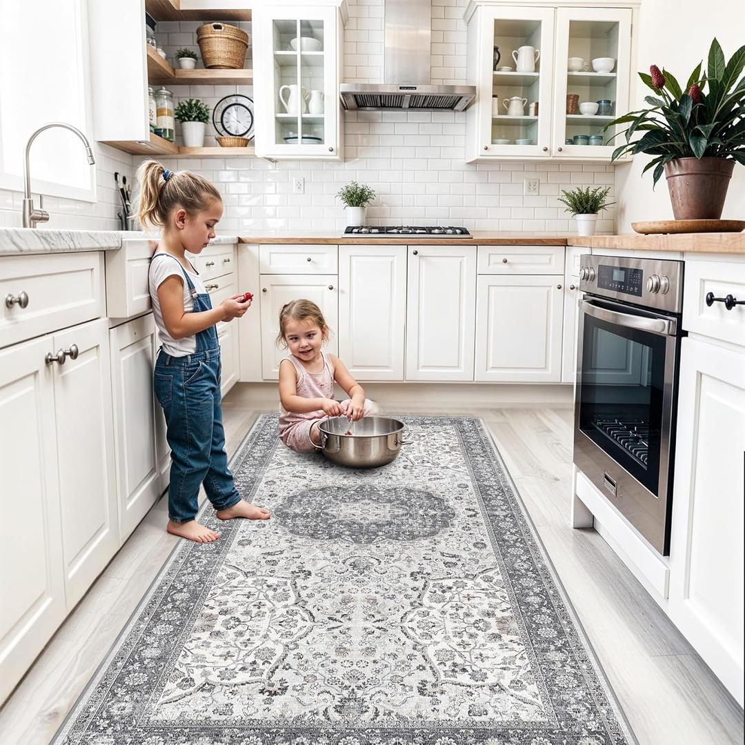 Hallway 4x8 Washable Runner Rug: Oriental Stain Resistant Entryway Kitchen Rug Farmhouse Soft Carpet for Bathroom Bedroom Thin Laundry Room Floor Mat with Non Slip Backing for Pets Family  (4x8,Grey)