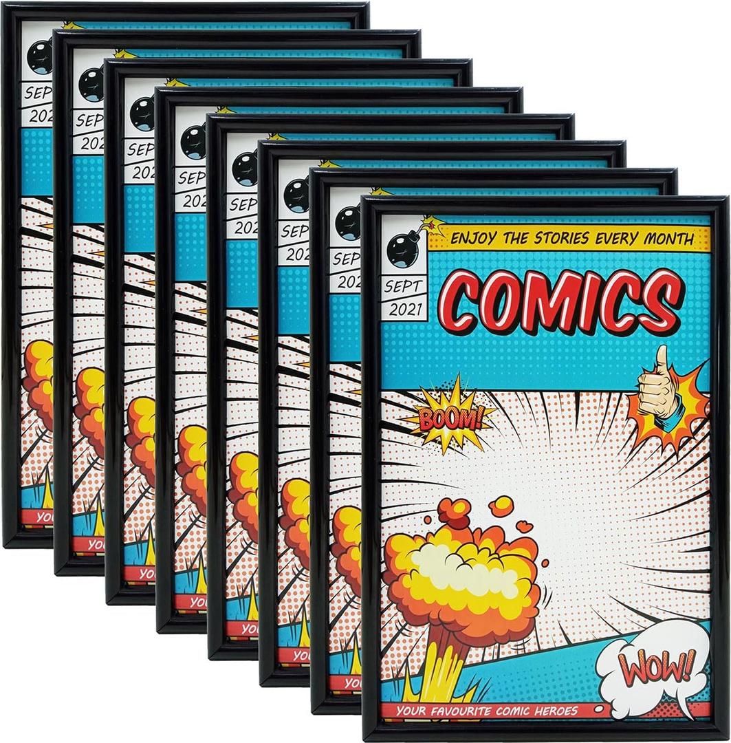 Comic Book Frame, 8 Pack, Ultraviolet UV Protection, Fits Current Comics up to 6 3/4" x 10 1/4", Wall or Tabletop Display,Spring Clips for Thicker Comics as Well (Black, 8)
