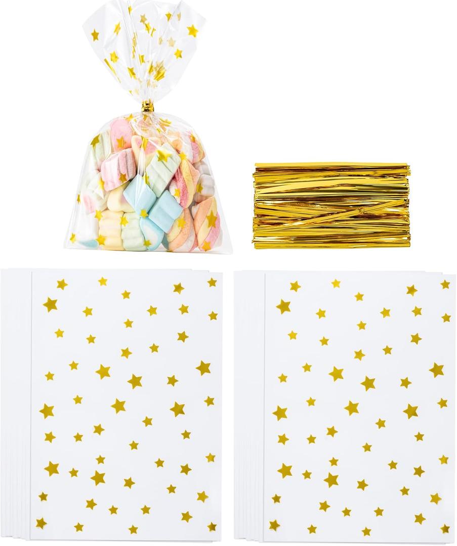Aegero 120 Pack Star Printed 5"X 7" Gift Wrap Cello Cellophane Treat Bags,Gift Candy Goodies Bags with 140 Pcs Twists for Valentine,Birthday,Bakery,Wedding,Gift Cookie Snack Packing,Party Favor Supplies(Gold )