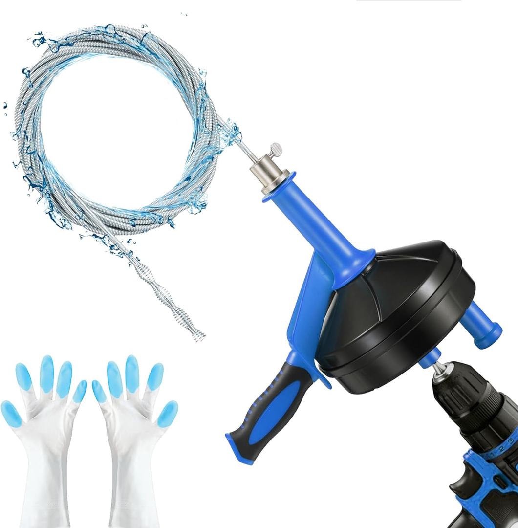 Drain Auger, Clog Remover with Drill Adapter, 25 Feet Flexible Plumbing Snake Use Manually or Powered for Kitchen, Bathrom and Shower Sink, Comes with Gloves (blue)