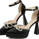 JENN ARDOR Platform Heels for Women Rhinestone Sparkly Bow High Heels Closed Pointed Toe Stilettos Ankle Buckle Strap Pumps Wedding Party Prom Dress Shoes (8.5, Black - Super Soft Silk)