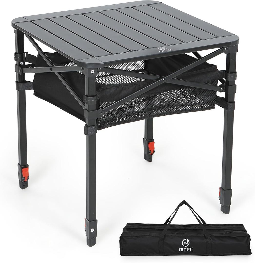 Nice C Aluminum Square Side Table, Adjustable Height Folding Compact Camping Table, Lightweight Collapsible Table with Roll-up Tabletop, Carry Bag, for Outdoor, Picnic, backyards, BBQ (20'' Medium)