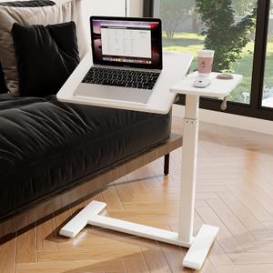 PUNCIA Overbed Table with Wheels, Pneumatic Sit-Stand, Height Adjustable Bedside Table, Tilting Split Top Laptop Desk for Hospital, Home & Office, White, Rectangular