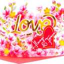 3 x Sweet Cherry Blossom Pop Up Card, 7 Inch 3D Flower Greeting Card, Always & Forever Heart, Romantic Design for Valentine's Day, Anniversary, Birthday, Envelope & Note