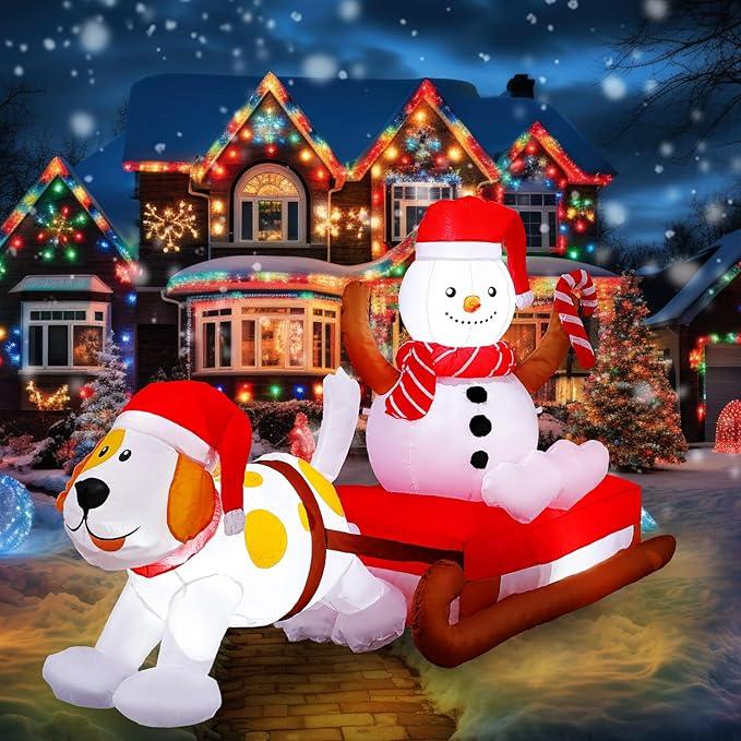 Realspring 8 Ft Christmas Inflatables Decoration Snowman on Sleigh with Dog, Giant Inflatable Outdoor Christmas Decorations, Built in LED Light Blow Ups for Yard Xmas Party Holiday Indoor Lawn Garden