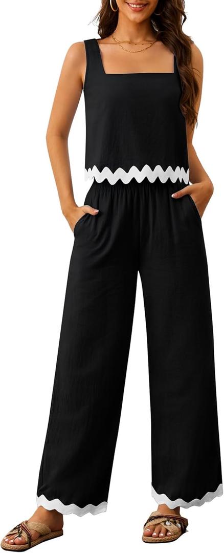 Women's 2 Piece Outfits Summer Sets Linen Sleeveless Crop Tank Top Wide Leg Pants Cruise Vacation Lounge Matching Sets (Black, XXL)