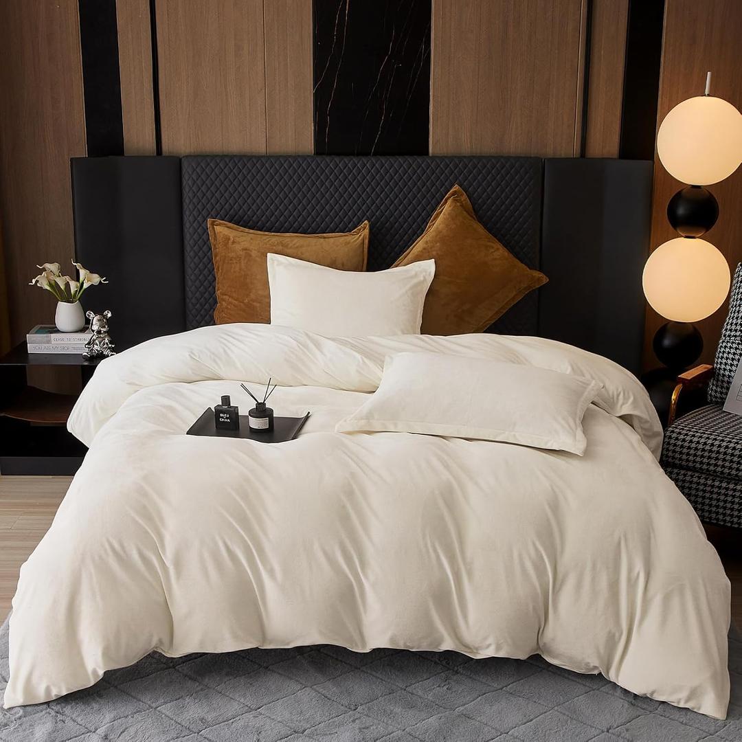 PHF Super Soft Velvet Duvet Cover Queen Size, 3pcs Luxurious Warm Velour Fluffy Bedding Set with 8 Ties, Cozy Breathable Flannel Comforter Cover with Pillow Shams, Zipper Closure, 104"x90", Cream (King)
