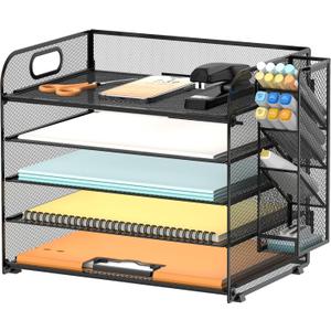 SUPEASY 5 Tier Desk Organizer with Handle & Removable Pen Holders, Mesh Paper/File Organizer for Desk, Paper Letter Tray Organizer for Office Supplies (Black)