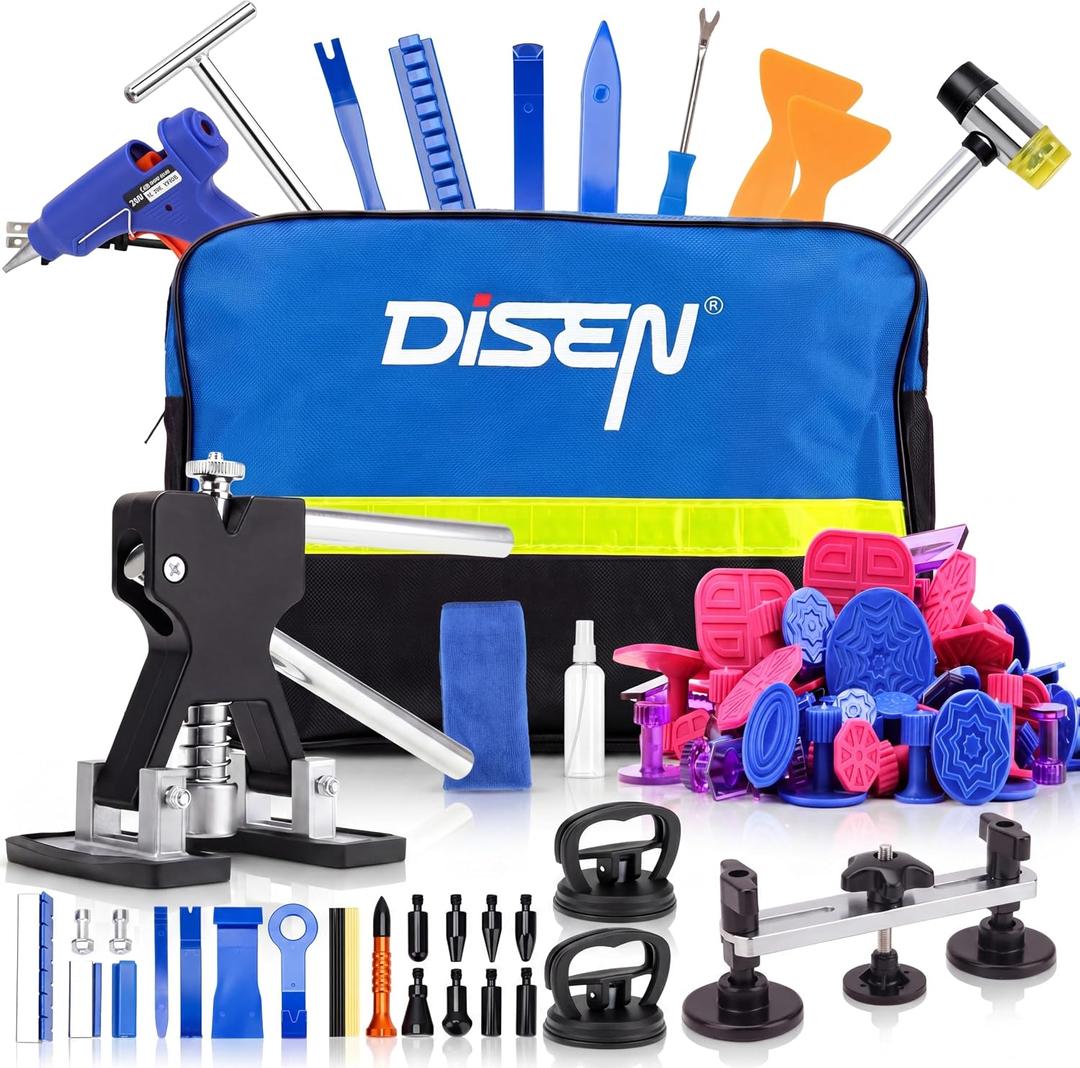 DISEN 155Pcs Paintless Dent Removal Kit, Car Dent Repair Tool Set with Metal Dent Lifter, Bridge Puller, T-Slide Hammer, Glue Gun & 100 Tabs, for Dents, Dings, Creases and Hail Damage 