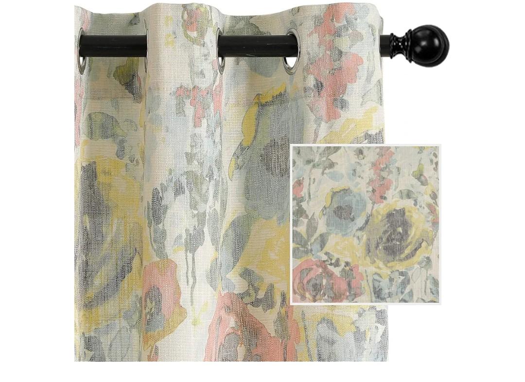 MYSKY HOME Curtains 84 Inch for Bedroom Burlap Effect Draperies for Living Room Vintage Floral Printed Pattern Curtain with Grommet Top Window Drape, 2 Panel, 52 x 84 Inch, Yellow and Natural