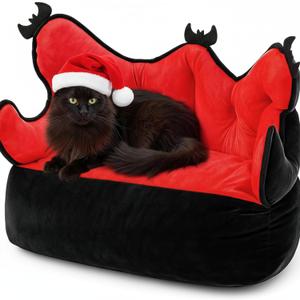 AceOrbit Goth Cat Bed, Washable Gothic Pet Bed 24 Inches for Indoor Cats, Black and Red Warm Couch, Funny Christmas Kitten Sofa Gift for Kittens and Dogs