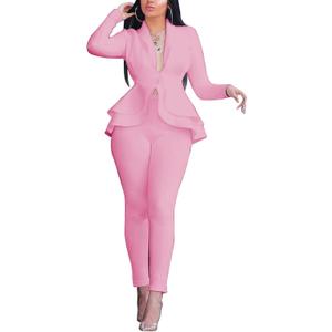 Women's Deep V Neck Ruffle Blazer Two Piece Outfits Sets Long Sleeve Long Pants Bodycon Business Suit Set (Small, Pink)