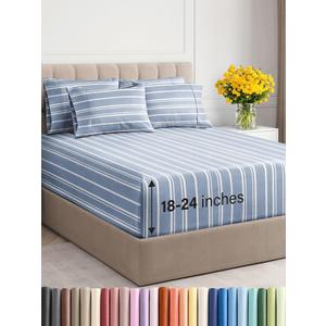Extra Deep King Sheet Set - 6 Piece Breathable & Cooling Sheets - Hotel Luxury Bedding Set w/18-24 Inch Extra Deep Pockets - Easy & Secure Fit - Soft, Wrinkle Free and Comfy - Blue Stripes, King Size