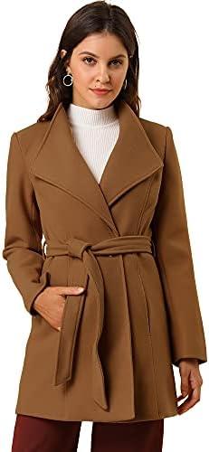 Allegra K Women's Classic Stand Collar Outwear Overcoat Long Sleeve Winter Belted Pea Coat, Small