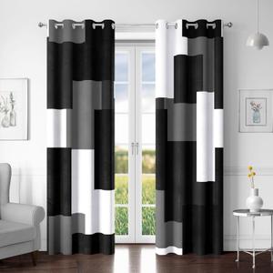 Black Grey 100% Blackout Curtains for Bedroom 84 inch Long 2 Panels Set White Gray Modern Abstract Geometric Black Out Curtains Insulated Room Darkening Window Drapes for Living Room, 52Wx84L