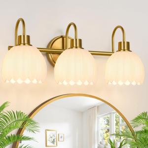 Bathroom Light Fixtures, 3-Light Gold Vanity Light Fixtures with White Tulip Glass Shades, Bathroom Lighting Fixtures Over Mirror for Bedroom, Living Room & Hallway (Bulbs Not Included)