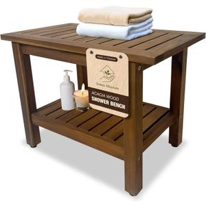 24 inch Acacia Wood Shower Bench with Storage Shelf - Waterproof Sturdy Shower Stool - Shower Seats for Adults and Elderly - Bathroom Bench 350 lb Capacity