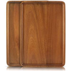 2 PCS 13 x 9 in Solid Acacia Wood Serving Trays Rectangular Wooden Serving Platters Natural Wooden Boards for Bar Coffee Party (Brown)