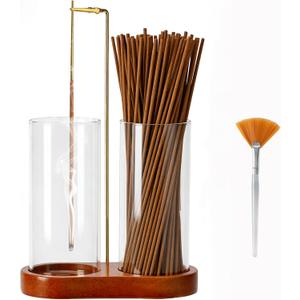 Incense Holder with 2 High Glass Bottle,Wooden Base Incense Stick Holder for Desktop,Incense Burner for Ash Collection,Ash Container (Wood)