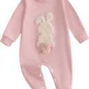 Easter Baby Boy Girl Outfit Embroidery Bunny Rompers Bunny Tail Jumpsuit Unisex Newborn Infant Easter Clothes (Pink)