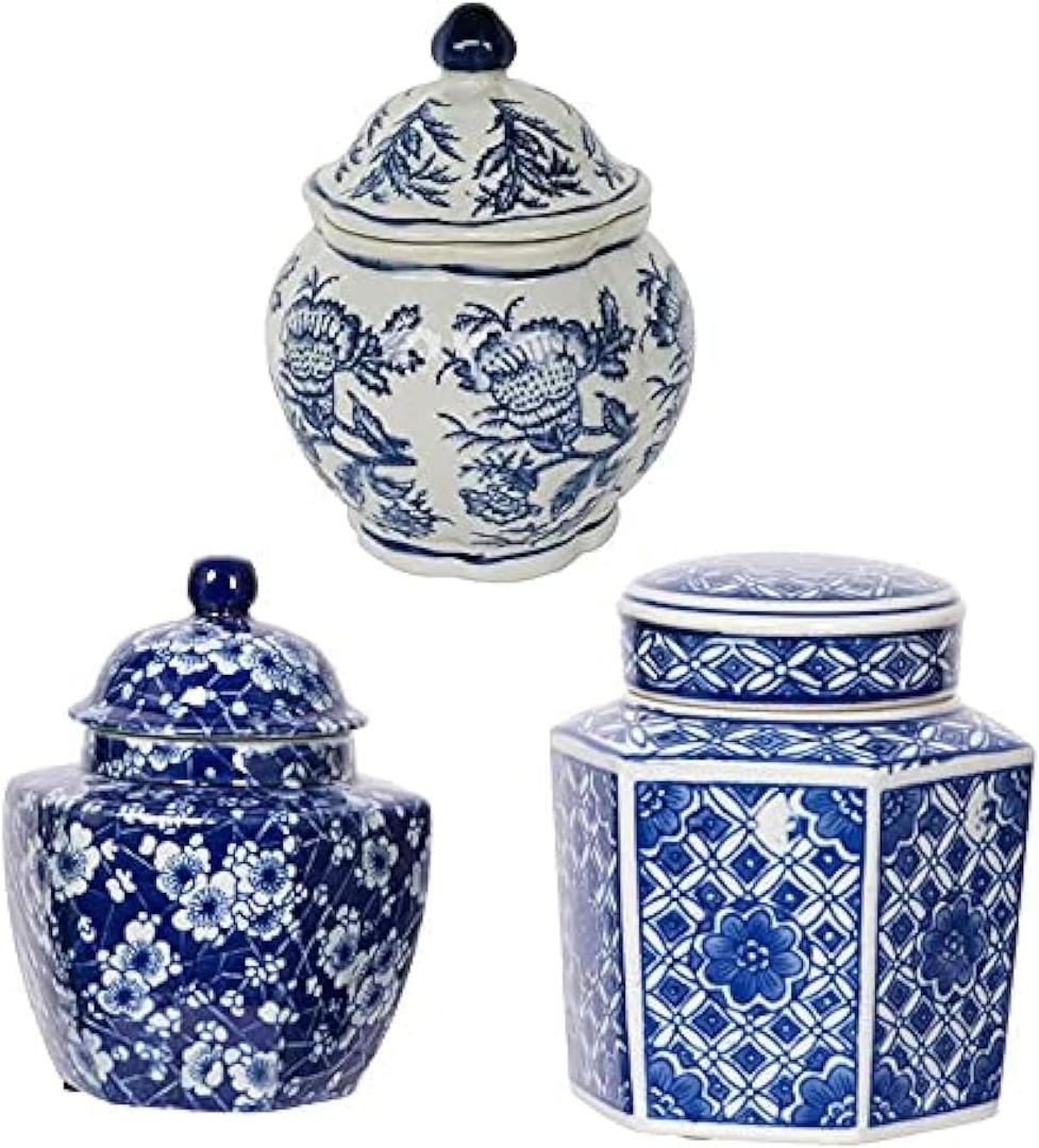 A&B Home Blue and White Vase, Porcelain Ginger Jars for Home Decor, Chinoiserie Vase for Bedroom Living Room Console Table Accent, Shelf and Tabletop Decor, Set of 3 (6.5"H)