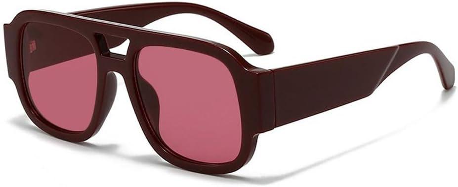 Double Bridge Rectangle Sunglasses Retro Classic Square Eyewear UV400 Protection Driving for Women Men (Red)