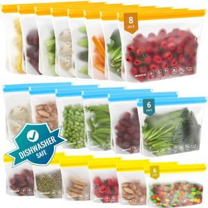 IDEATECH 20Pack Reusable Bags Dishwasher Safe, Leakproof Reusable Freezer Bags, BPA Free Healthy Food Storage Contaizers Sandwich Snack Baggies for Lunch Travel(8 Gallon 6 Quart 6 Snack, Colored)