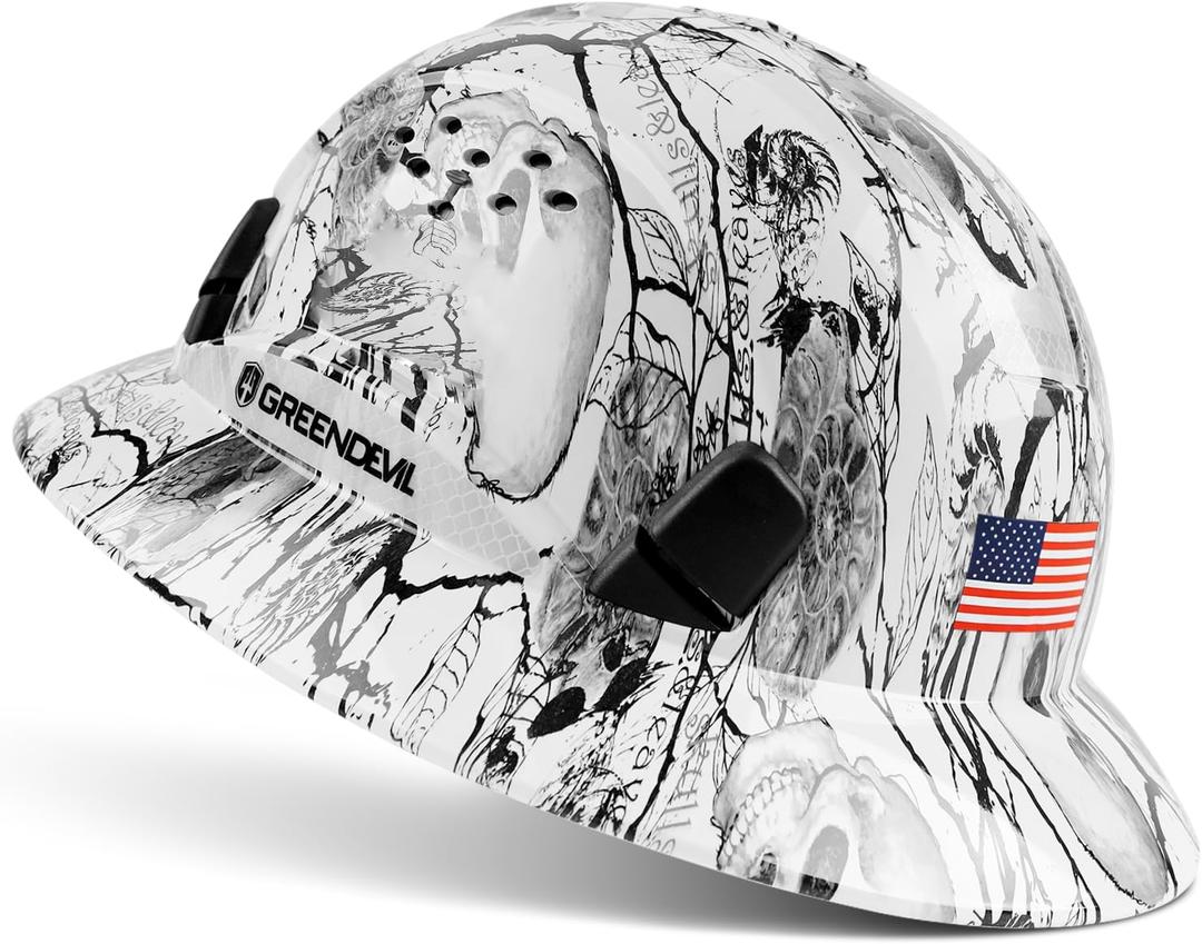GREEN DEVIL Full Brim Hard Hat Vented Construction Safety Helmet OSHA Approved Cascos De Construccion ABS Work Hardhat for Men&Women 6 Point Adjustable Ratchet Suspension Custom Pattern Design