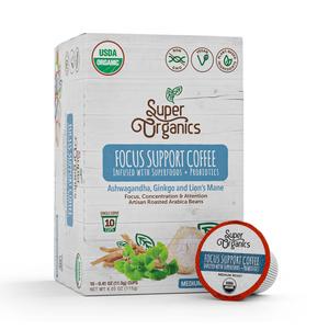 Super Organics Focus Support Coffee Brew Cups With Superfoods & Probiotics, Adaptogens, Medium Roast, USDA Certified, Vegan, Non-GMO, 10 count (EXP 08/21/26)